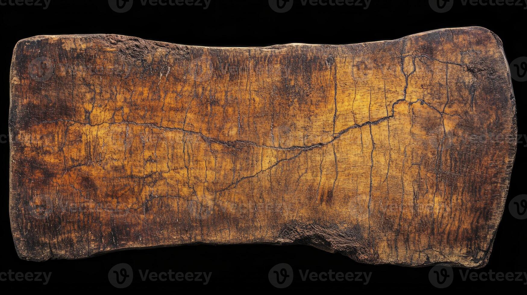 Antique Wooden Board with Cracks and Weathered Texture Against Black Backdrop photo