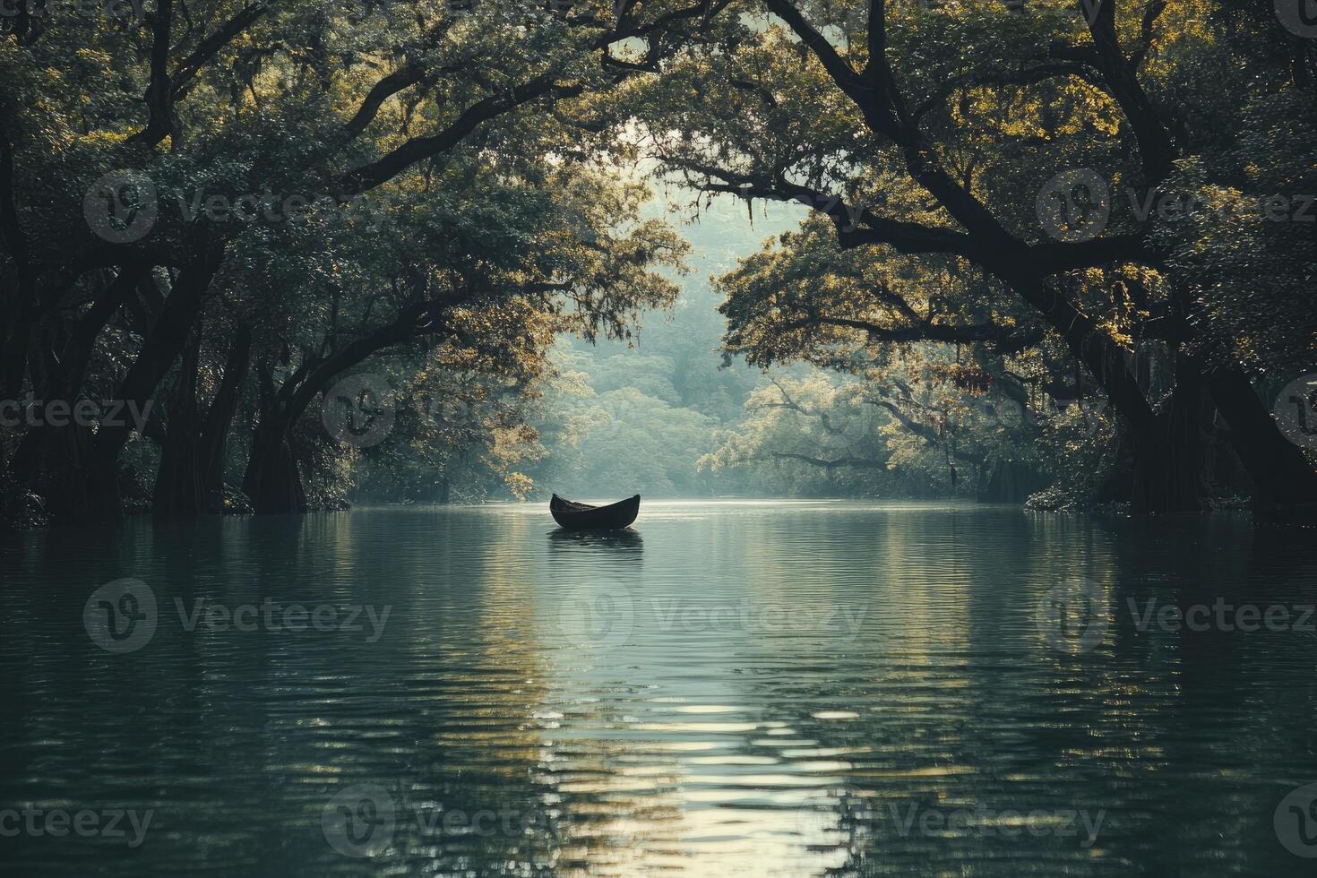 Floating Boat on Serene Lake Surrounded by Lush Green Forest Trees photo