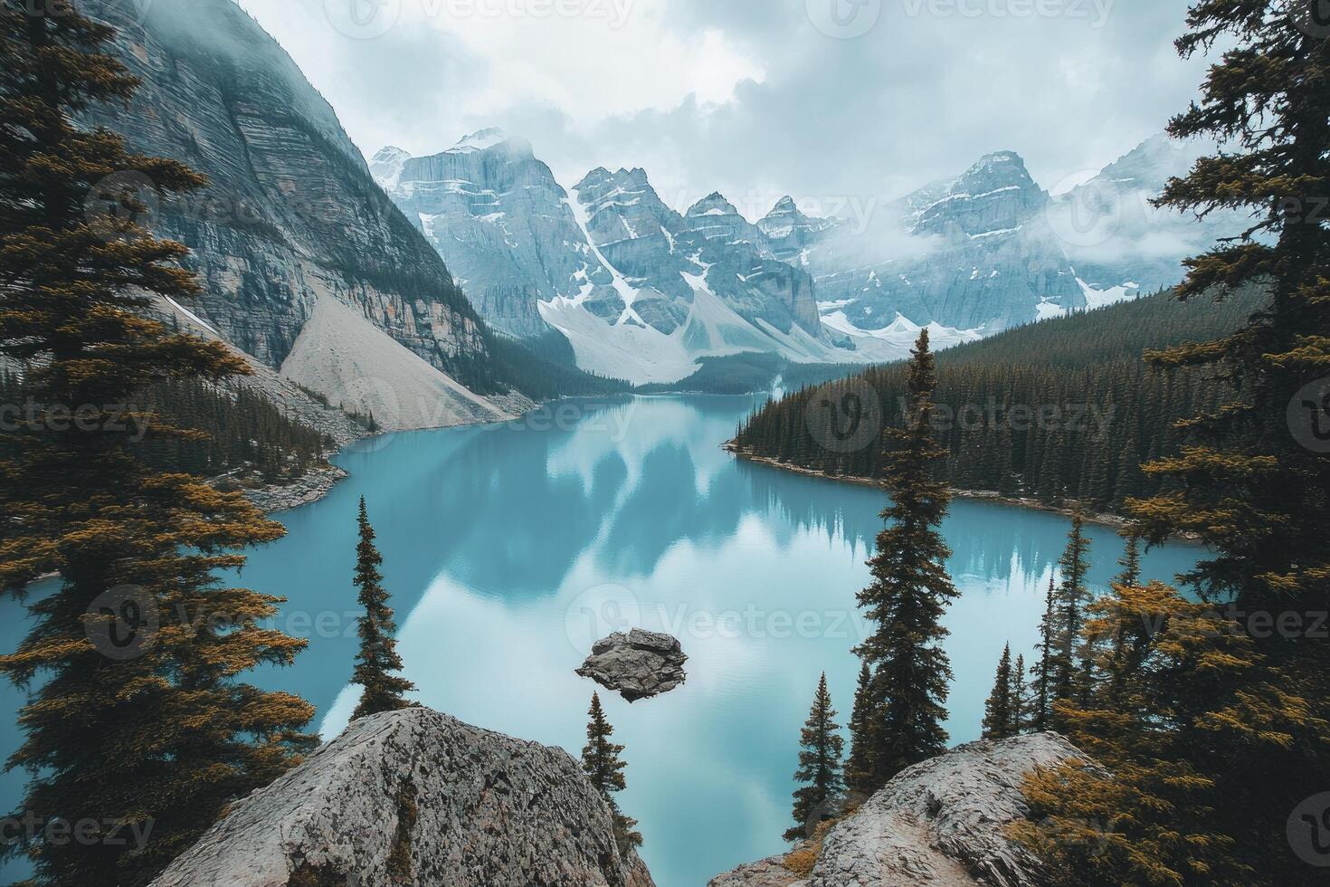 Lake Moraine Scenic View Reflects the Mountains in Banff National Park photo