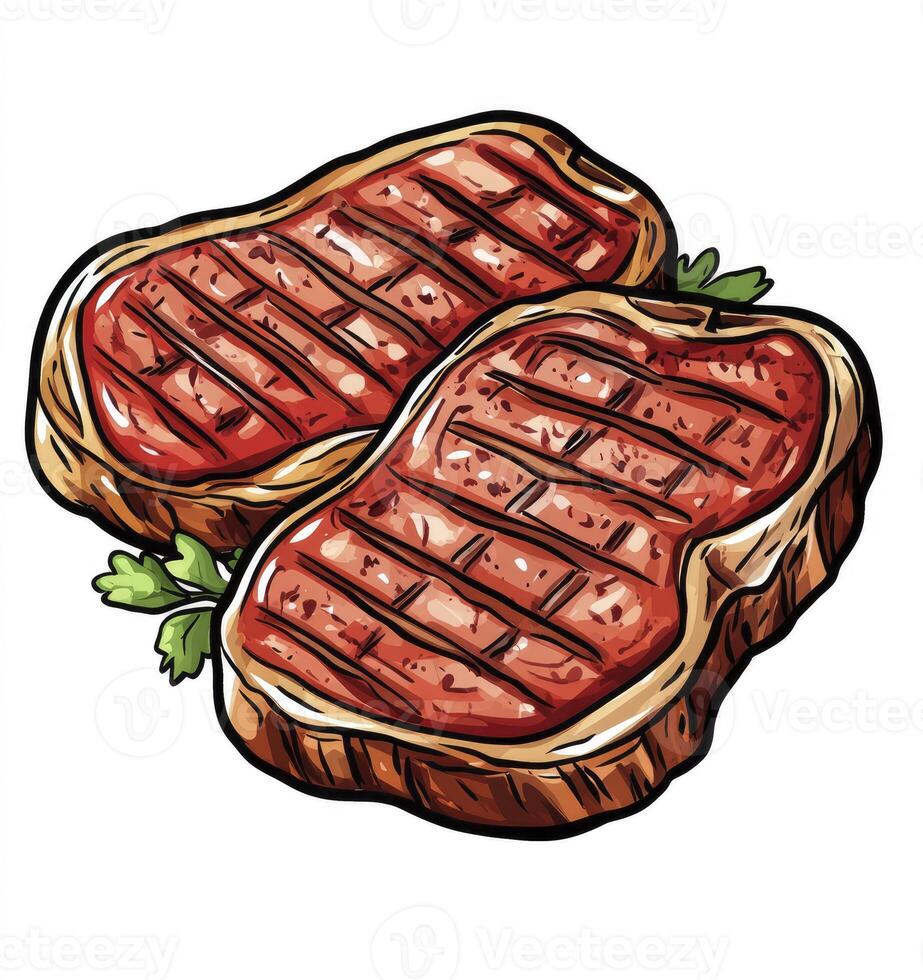 Grilled Steak Illustration Two Cooked Beef Steaks with Grill Marks Isolated photo