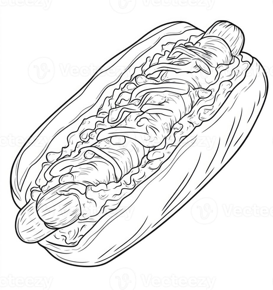 Drawing of Hot Dog with Toppings in a Bun for Coloring Book photo