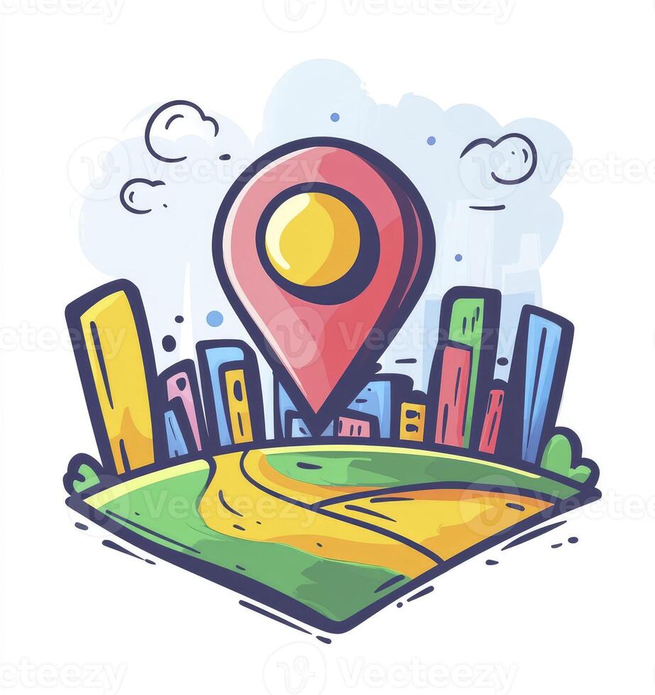 City Location Pin with Buildings and Green Path, Cartoon Style Illustration photo