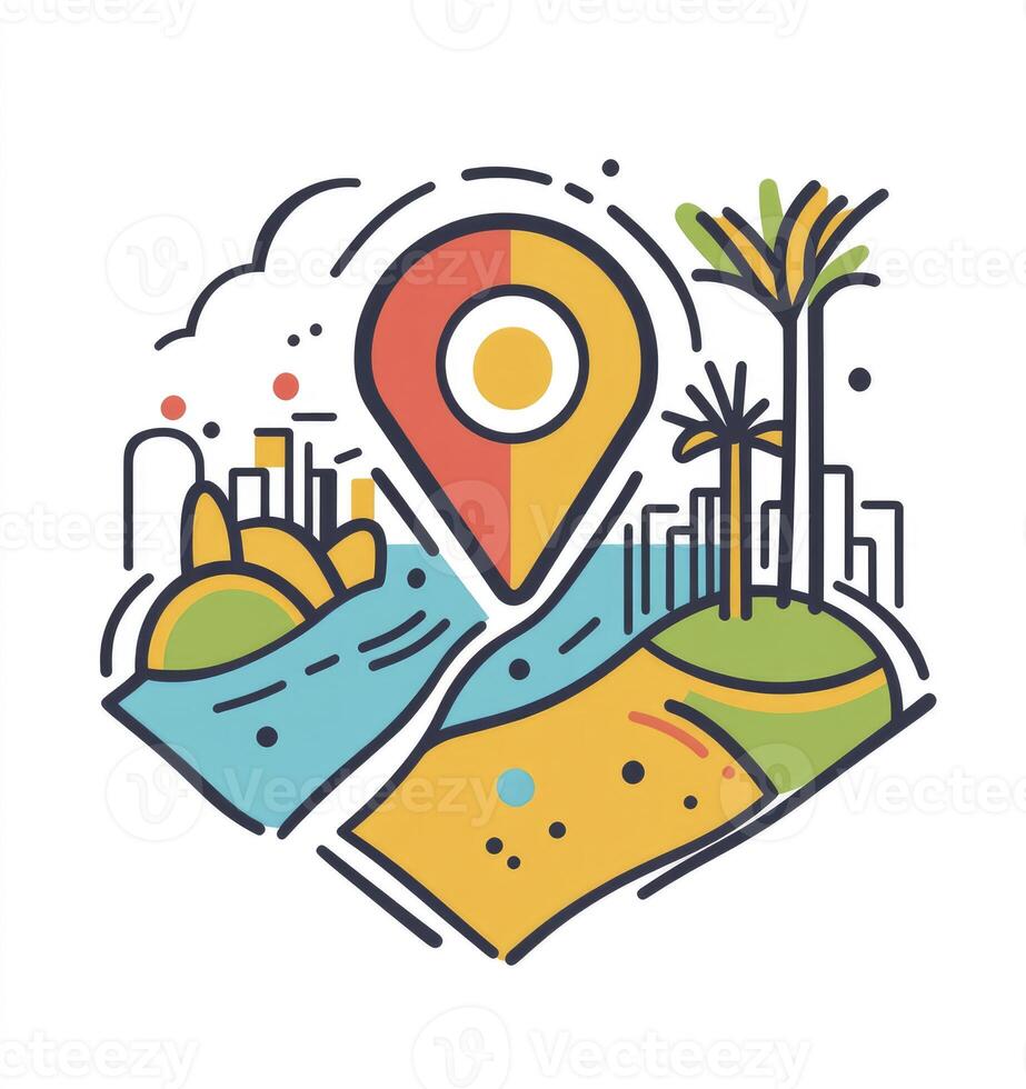 Map Pointer Above City Landscape Illustration for Navigation and Travel photo