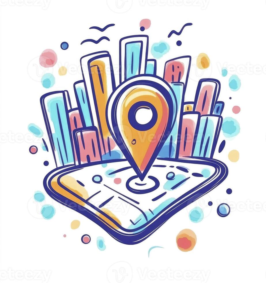 City Location Pin on Map with Skyline Travel Destination Concept photo