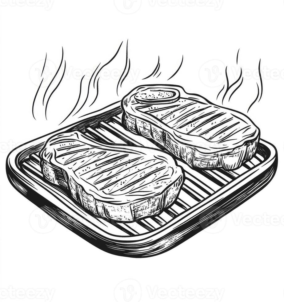 Grilling Steak Illustration with Smoke on Griddle for Culinary Projects photo