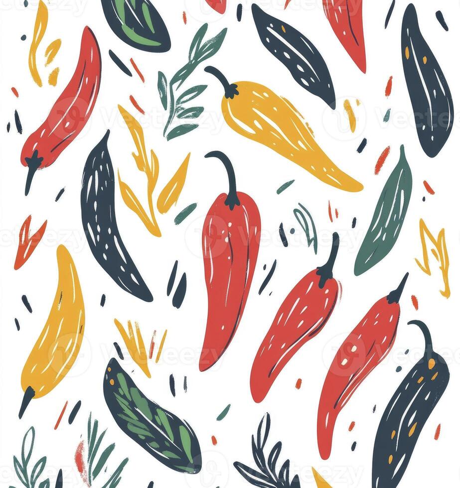 Colorful Chili Pepper and Leaf Pattern with Hand Drawn Style photo