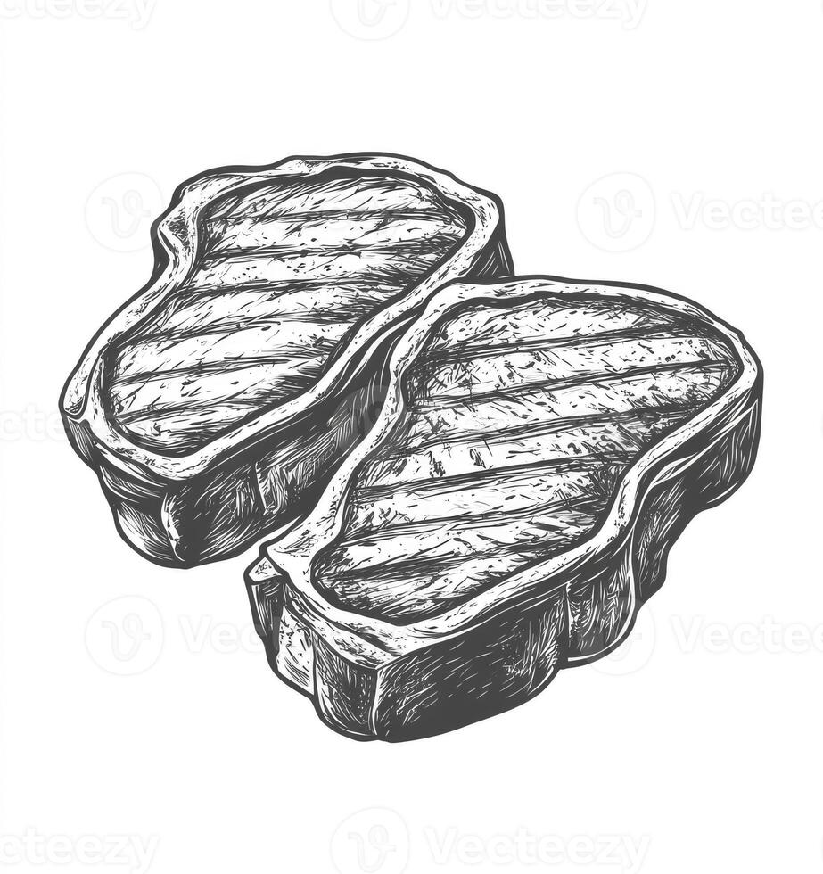 Grilled Steak Illustration Two Cuts of Meat Detailed Graphic Drawing photo