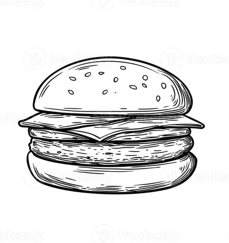 Drawn Burger Illustration with Cheese, Meat, and Bun Black and White photo