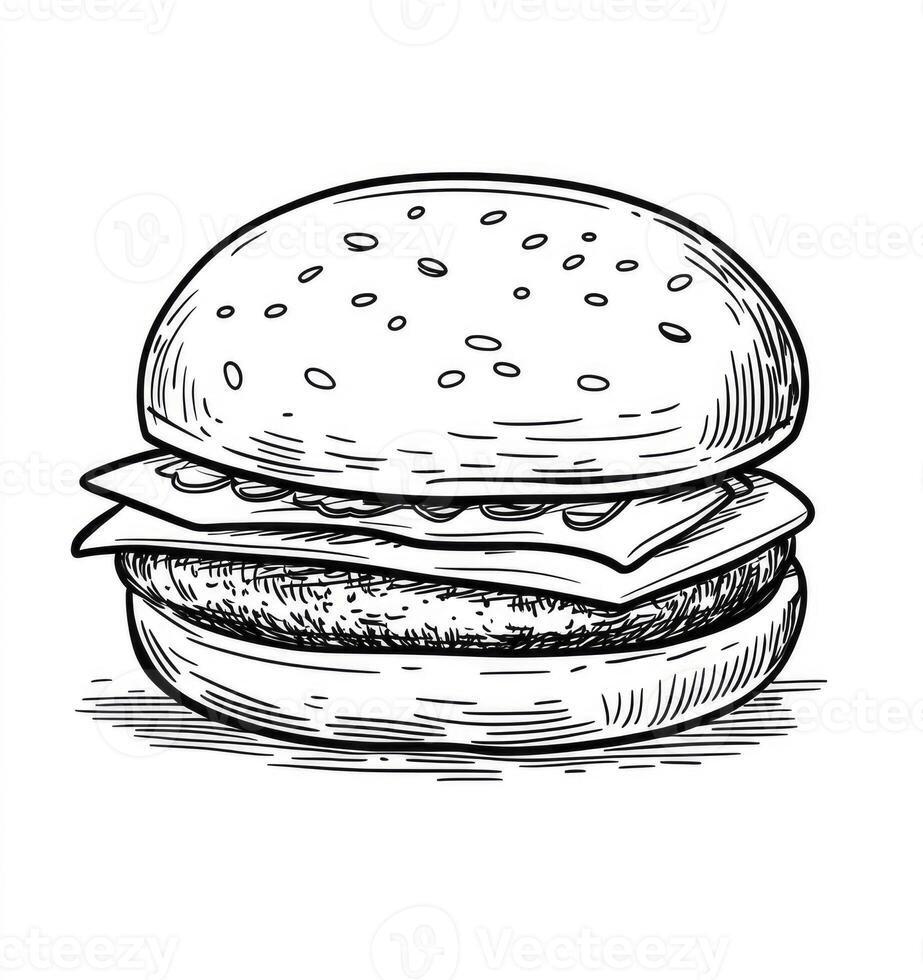 Drawing of a Burger with Cheese Lettuce and Sesame Seed Bun photo