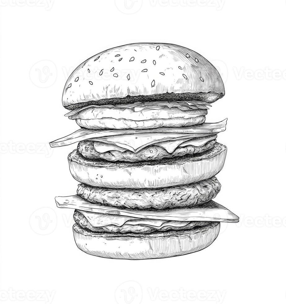 Drawing of Huge Burger with Multiple Patties and Cheese on White photo