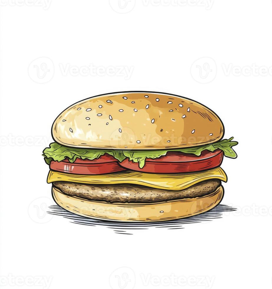Isolated Cartoon Burger Illustration with Sesame Bun Tomato and Lettuce photo