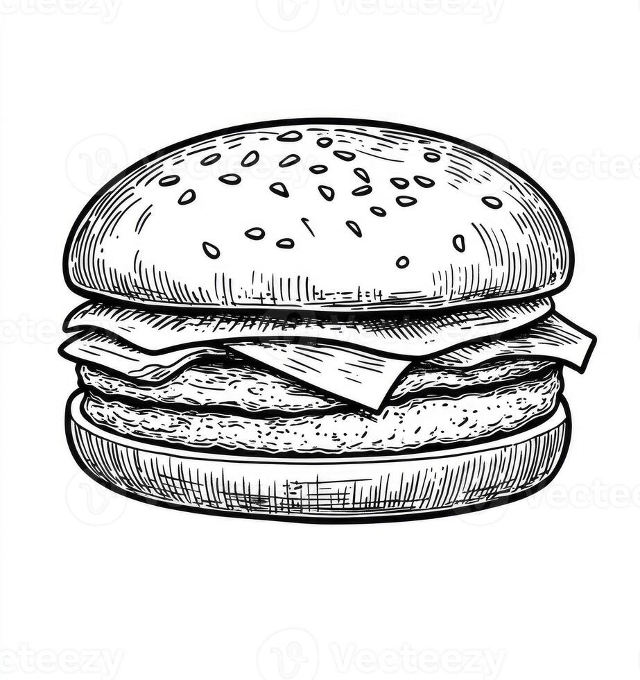 Drawing of Classic Hamburger with Cheese, Illustration for Fast Food Menu photo