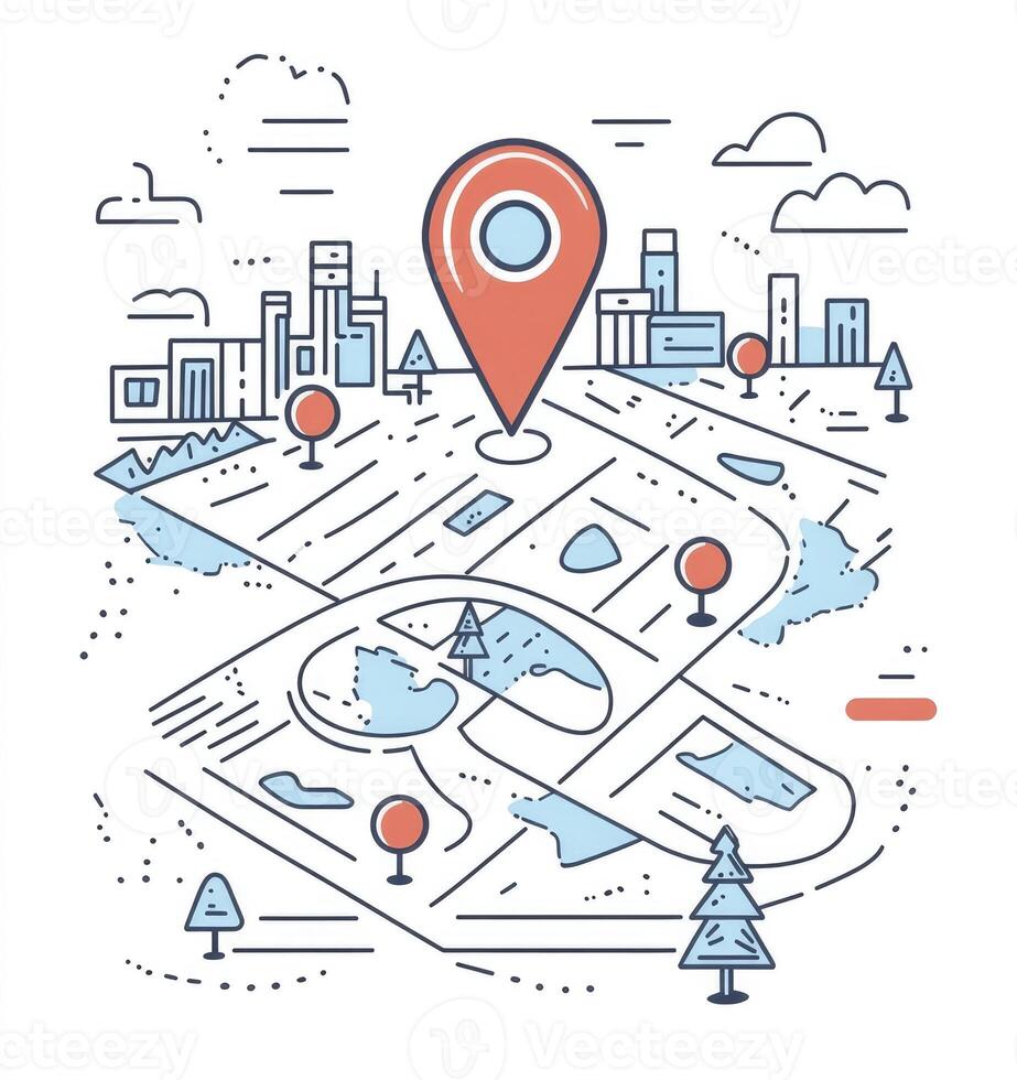 Finding Location with Map and Pointer in a City with Trees photo