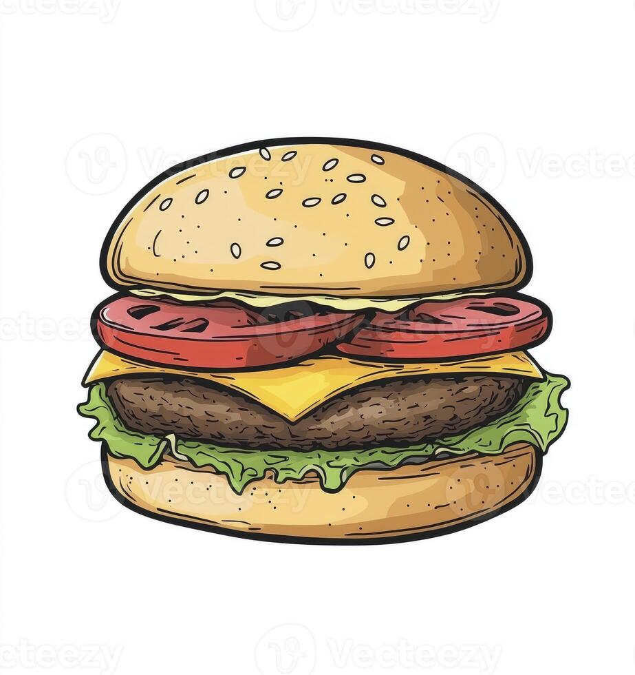 Delicious Hamburger with Cheese Tomato and Lettuce Illustration on White photo