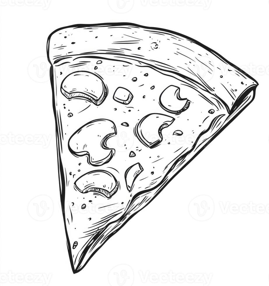 Detailed Line Art Illustration of Pizza Slice with Mushrooms and Dough photo