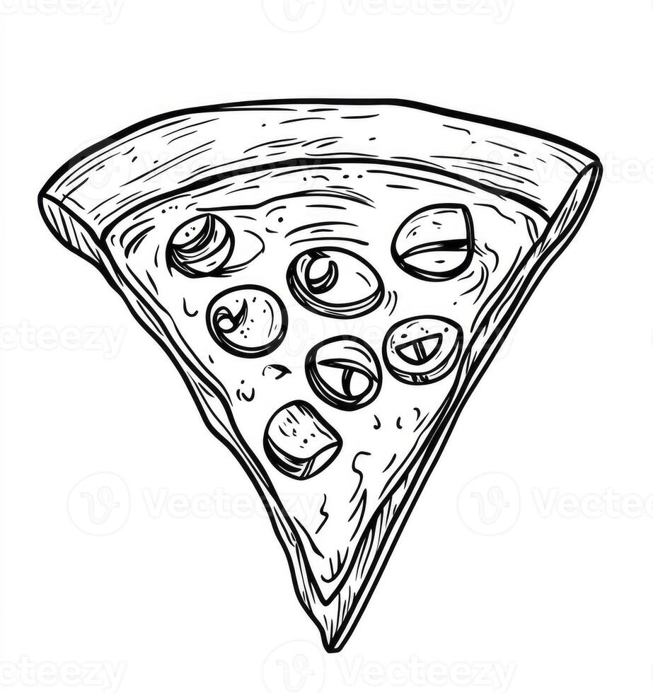 Drawing of Pizza Slice with Pepperoni and Mushrooms Isolated on White photo