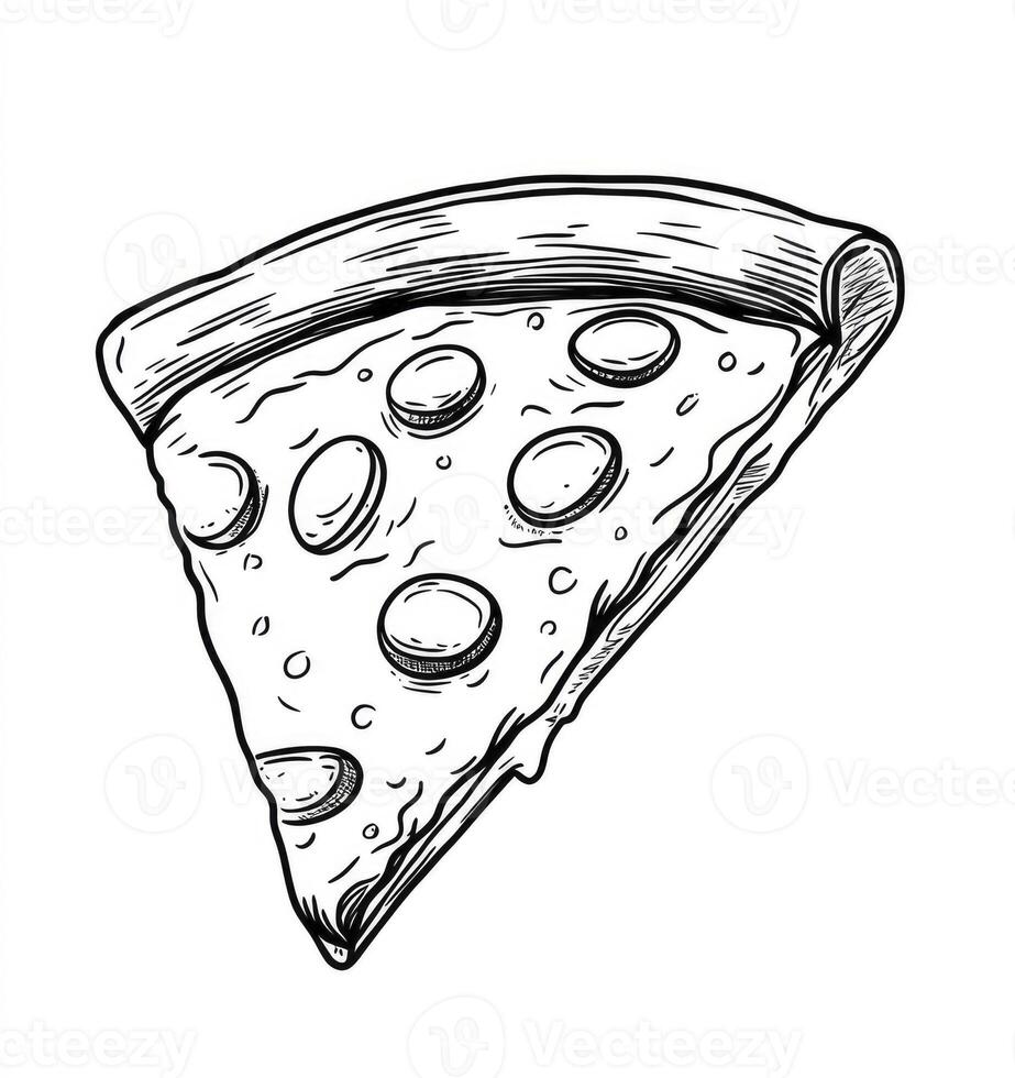 Detailed Pizza Slice Illustration with Pepperoni Topping in Black and White photo