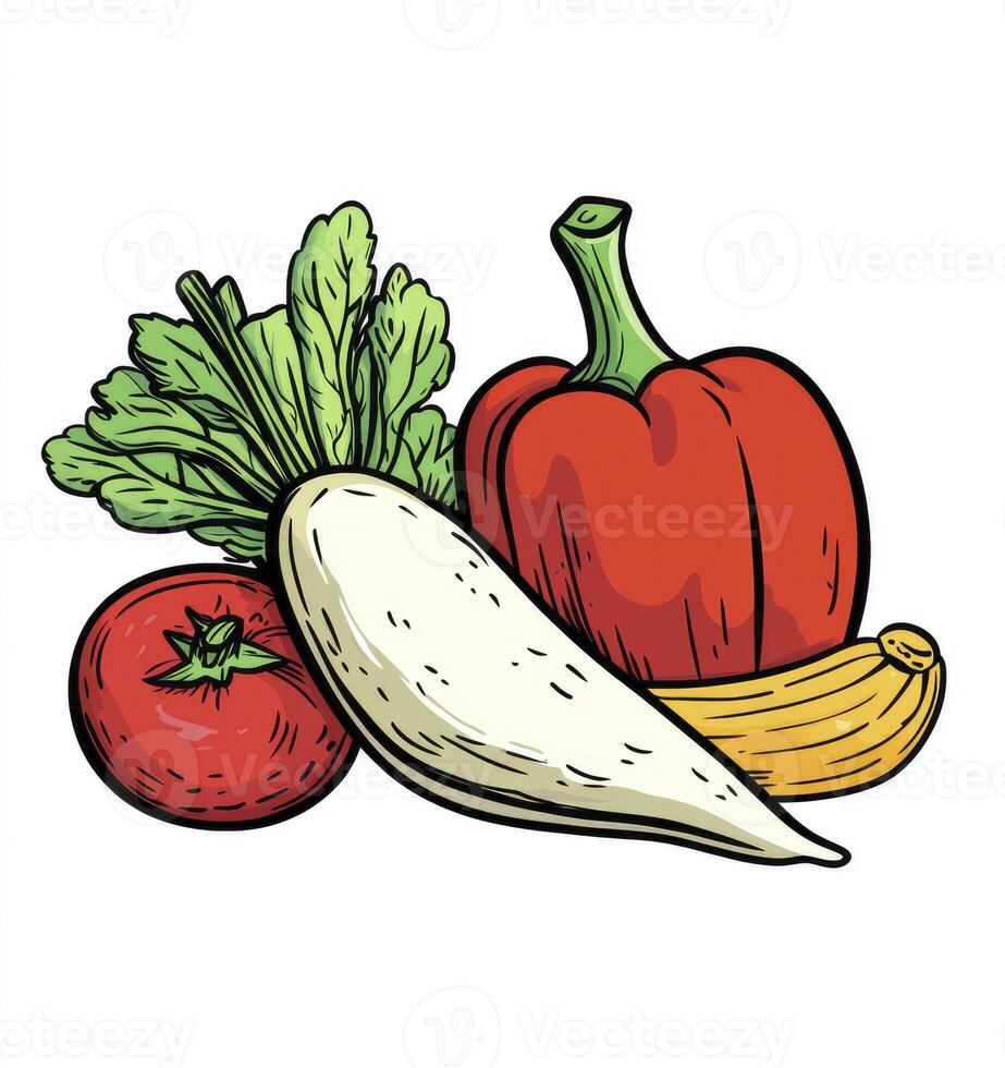 Assorted Vegetables Illustration with Tomato Daikon Radish Pepper and Banana photo