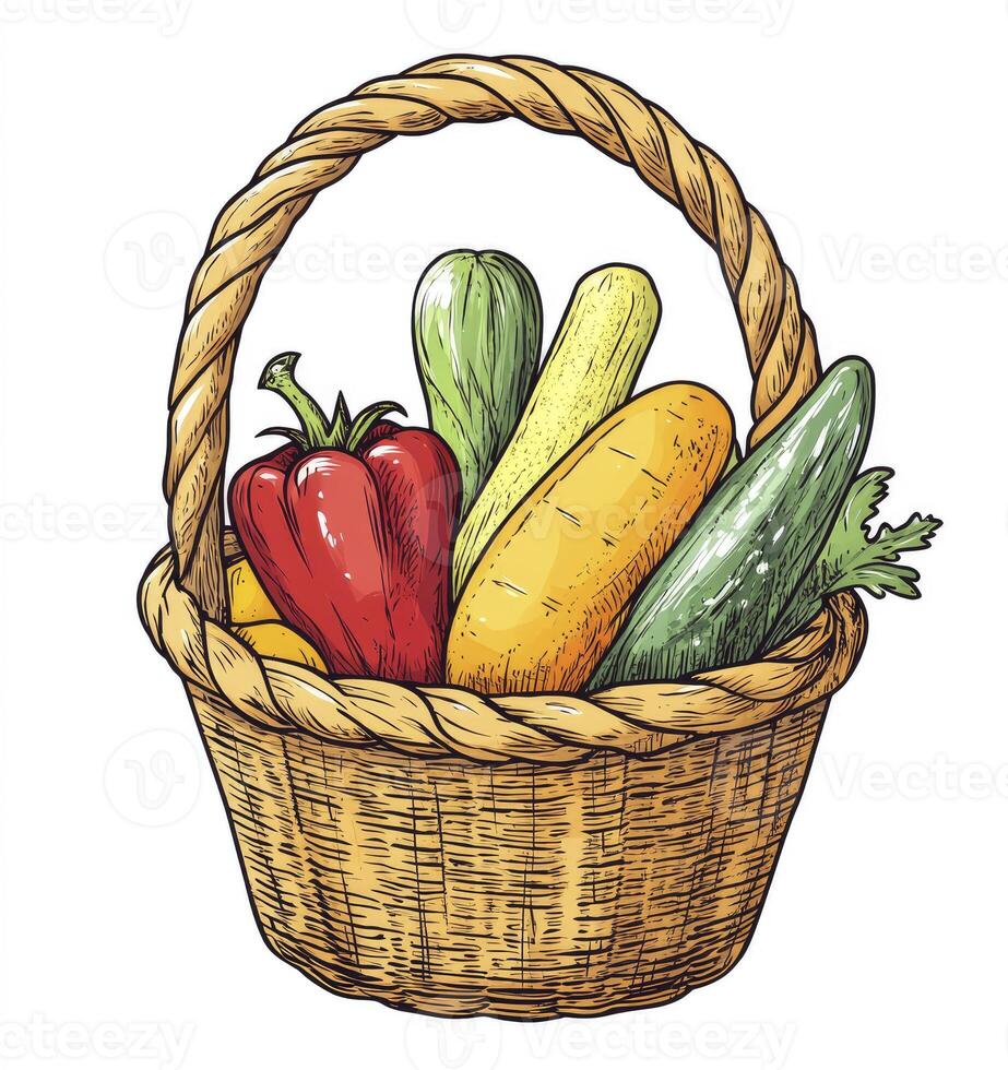 Vegetable Harvest Basket Featuring Fresh Red Pepper Cucumber and Zucchini photo
