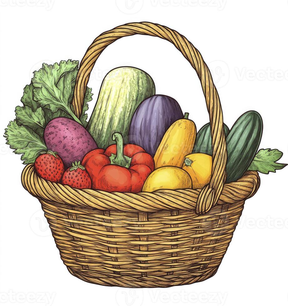 Fresh Vegetables and Fruits in Wicker Basket Hand-drawn Style Illustration photo