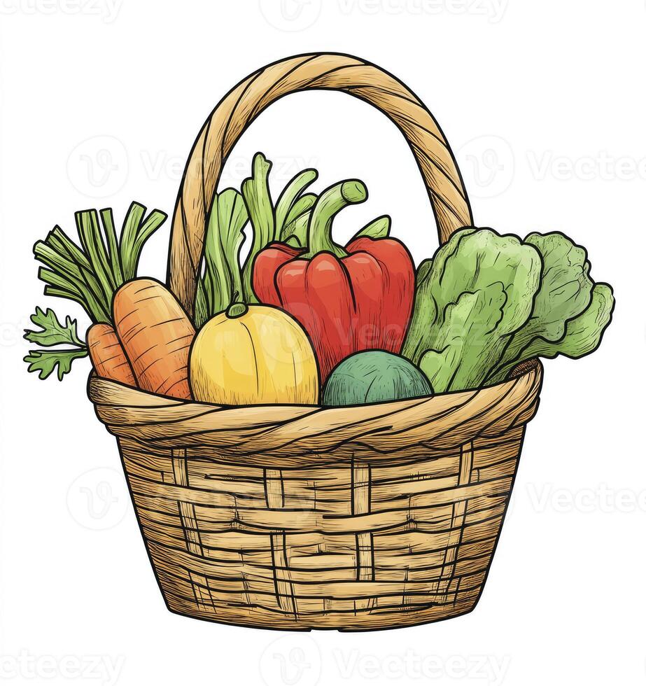 Vegetable Harvest in Basket Drawing with Carrots Pepper and Squash photo