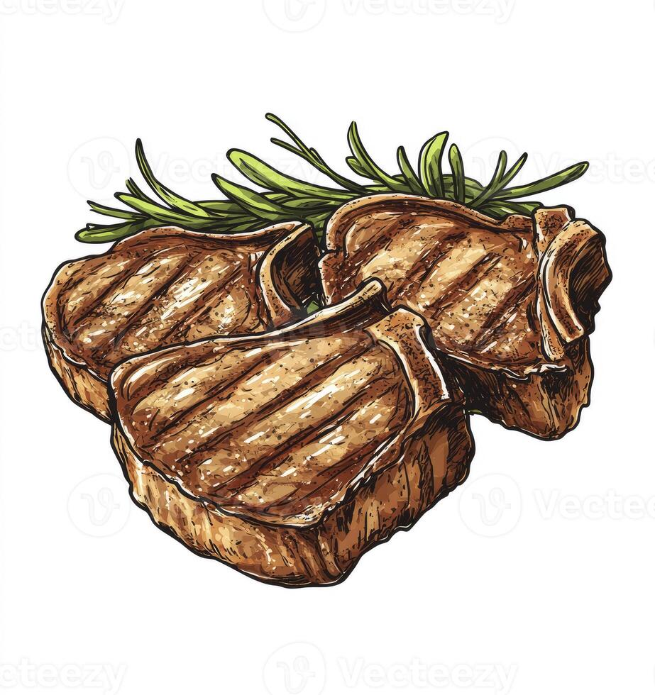 Grilled Pork Chops with Rosemary Sprigs Delicious Cooked Meat Illustration photo