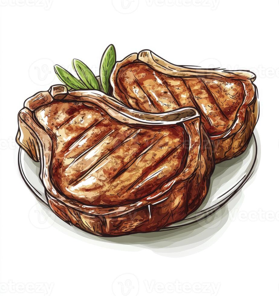Grilled Pork Chops Illustration with Rosemary on Plate for Food Concept photo