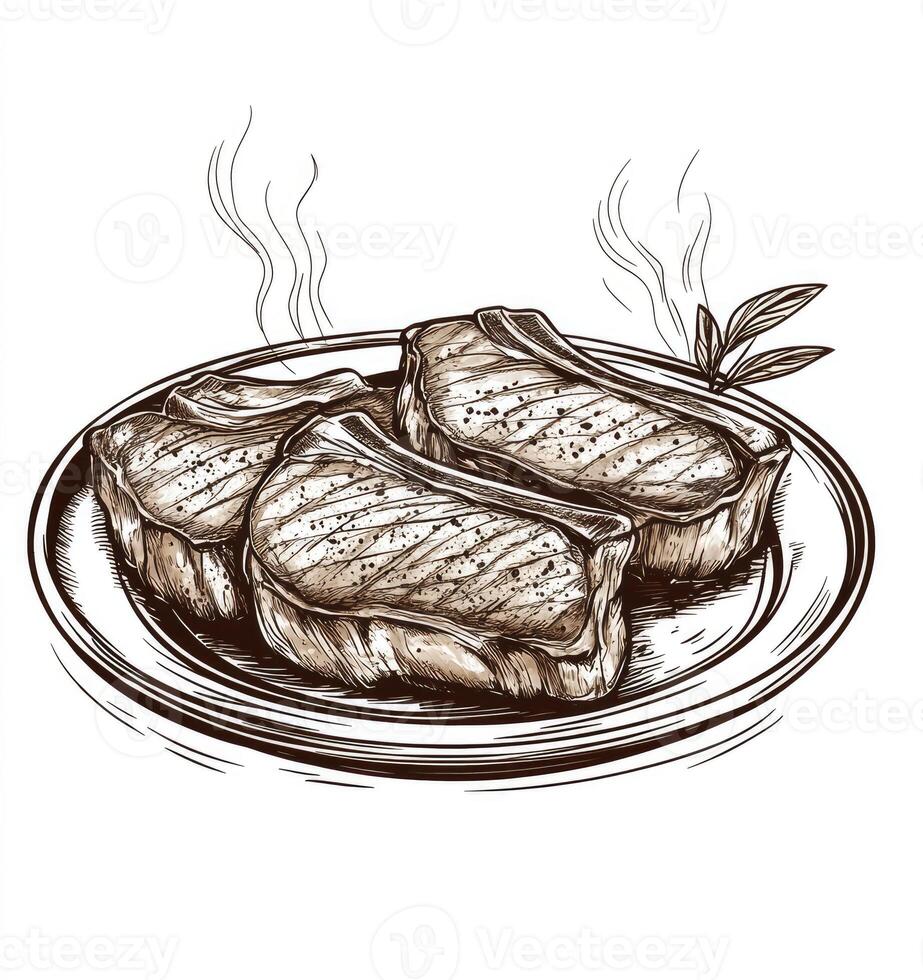 Grilled Steak Drawing on Plate with Steam Rising and Herb Garnish photo
