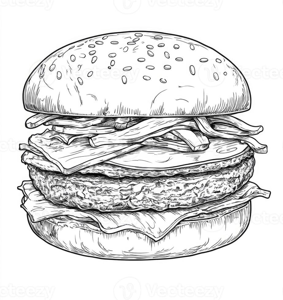 Delicious Burger Sketch Illustration with Sesame Bun and Various Toppings photo