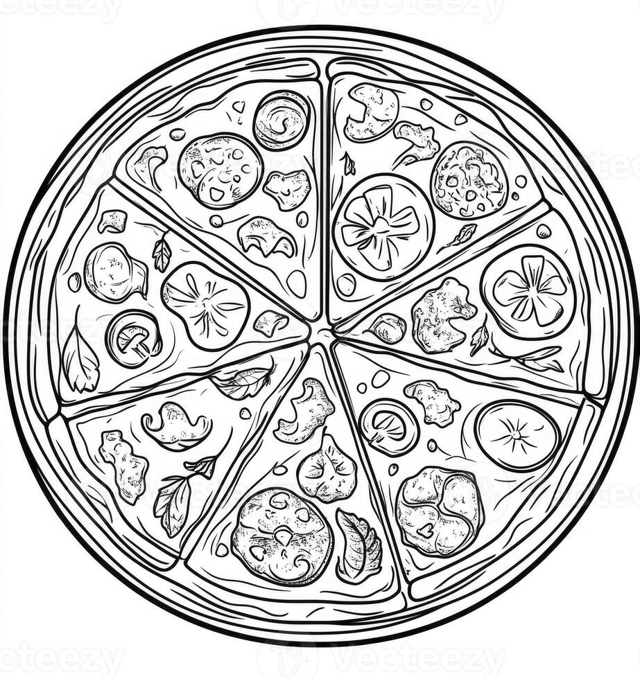 Pizza Drawing with Mushroom and Tomato Toppings Ready to Color in photo