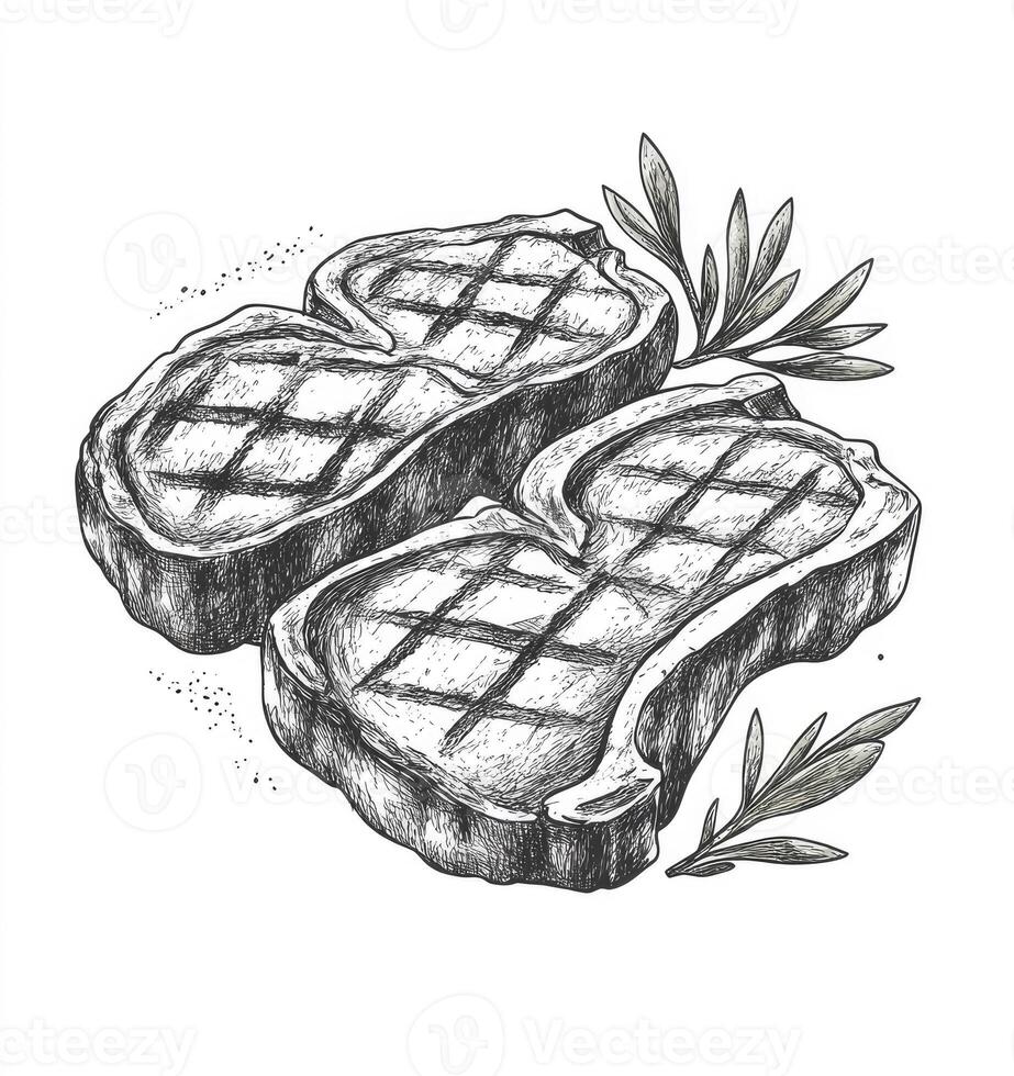 Grilled Steak Sketch Two Delicious Cuts of Meat with Rosemary Sprigs photo