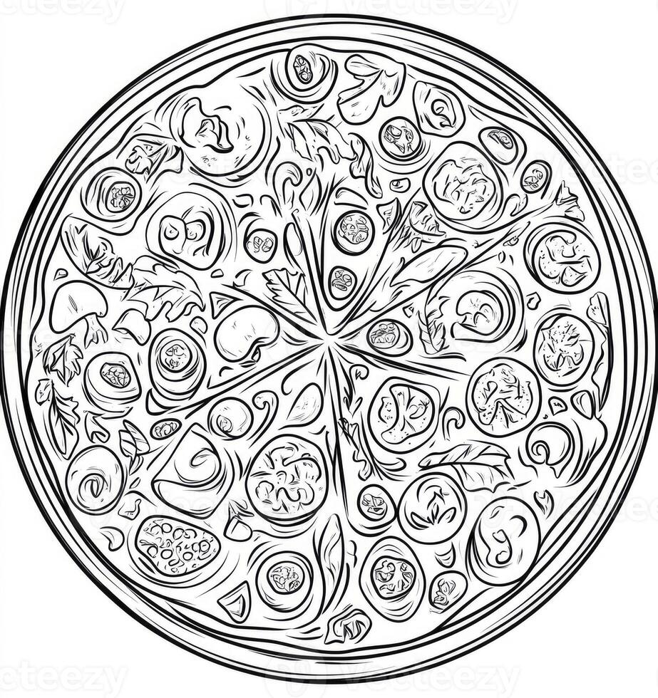 Pizza Illustration with Vegetables and Mushroom Toppings for Coloring Book photo