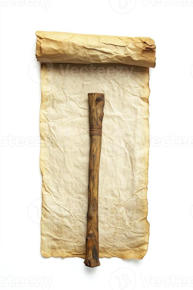 Unrolled Parchment Scroll with Wooden Stick on White Background photo