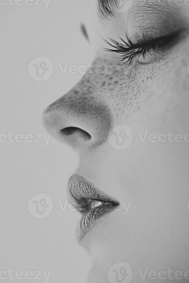 Close Up of Woman's Face Profile with Freckles in Grayscale photo