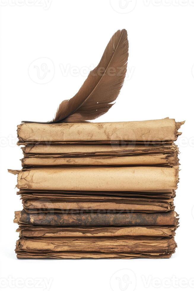 Stack of Old Parchment Rolls with Feather Quill on White Background photo