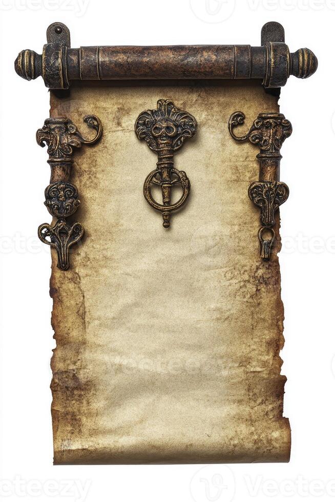 Antique Scroll with Bronze Ornaments and Aged Paper Texture photo