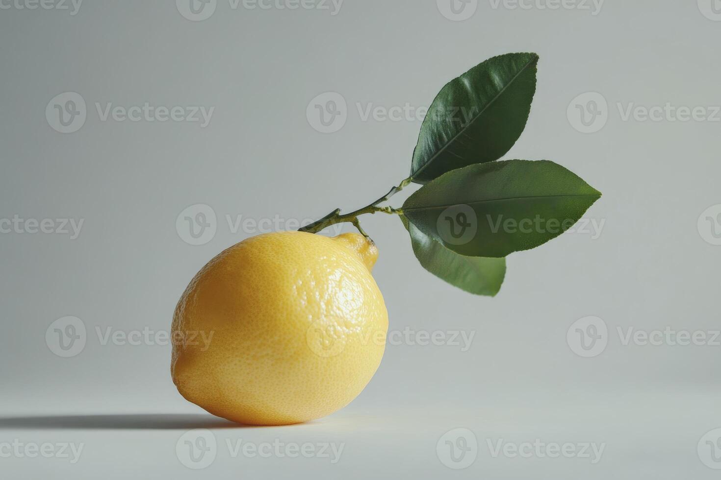 Lemon Still Life with Leafy Branch on Soft Gray Background photo
