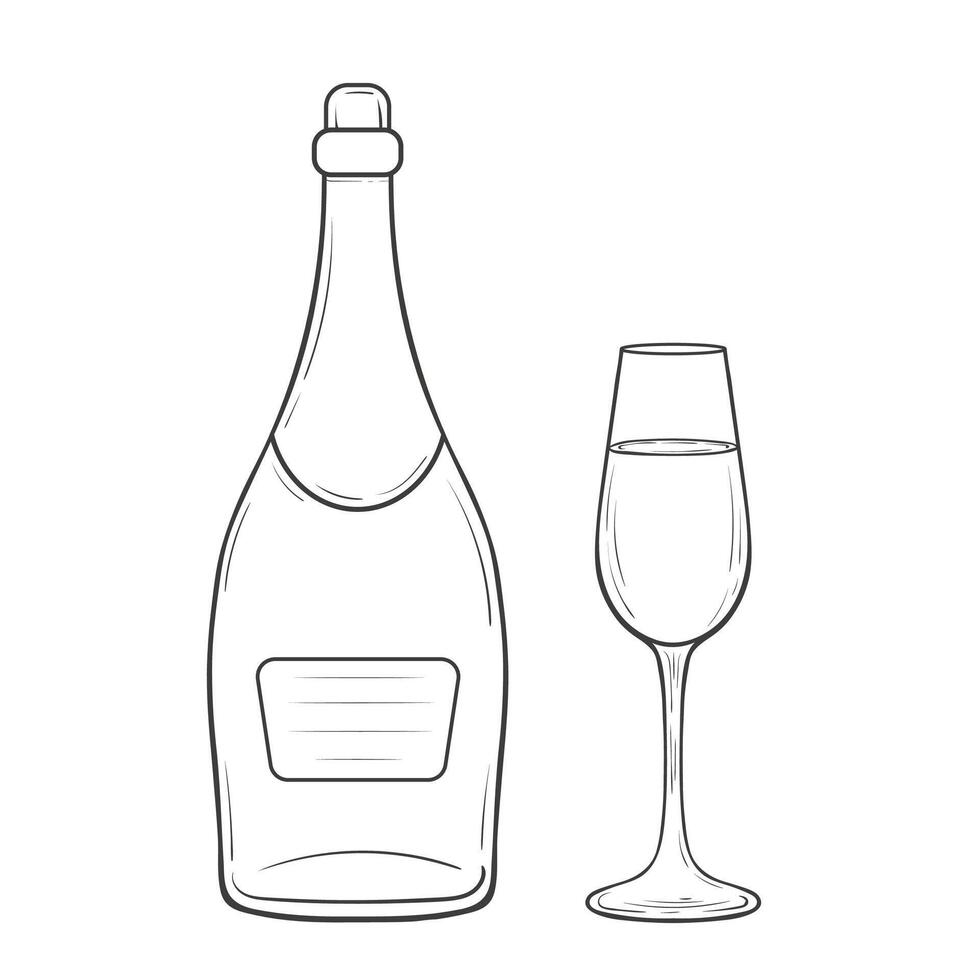 Outlined illustration of a champagne bottle and a glass. Hand drawn ink corcked bottle of champagne and a flute glass filled with beverage vector