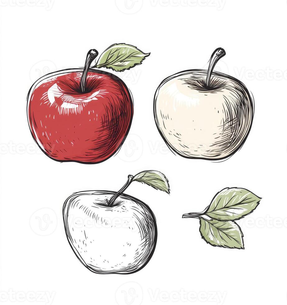 Stylized Apple Illustration with Hatching Technique and Color Highlights for Design photo