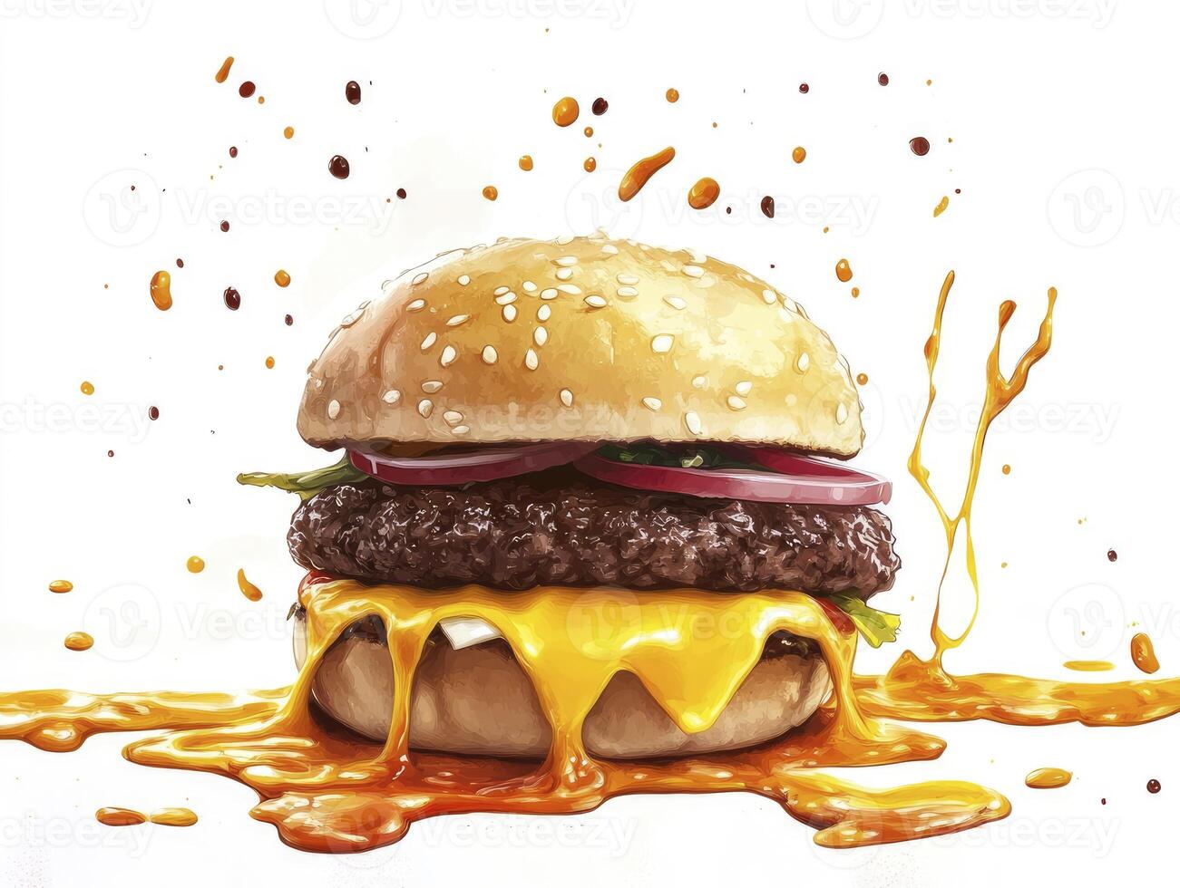 Delicious Hamburger with Dripping Cheese and Splash Effects Isolated on White photo