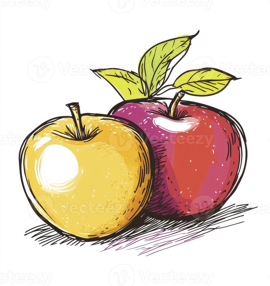Colorful Apple Drawing with Yellow and Red Fruit Illustration photo