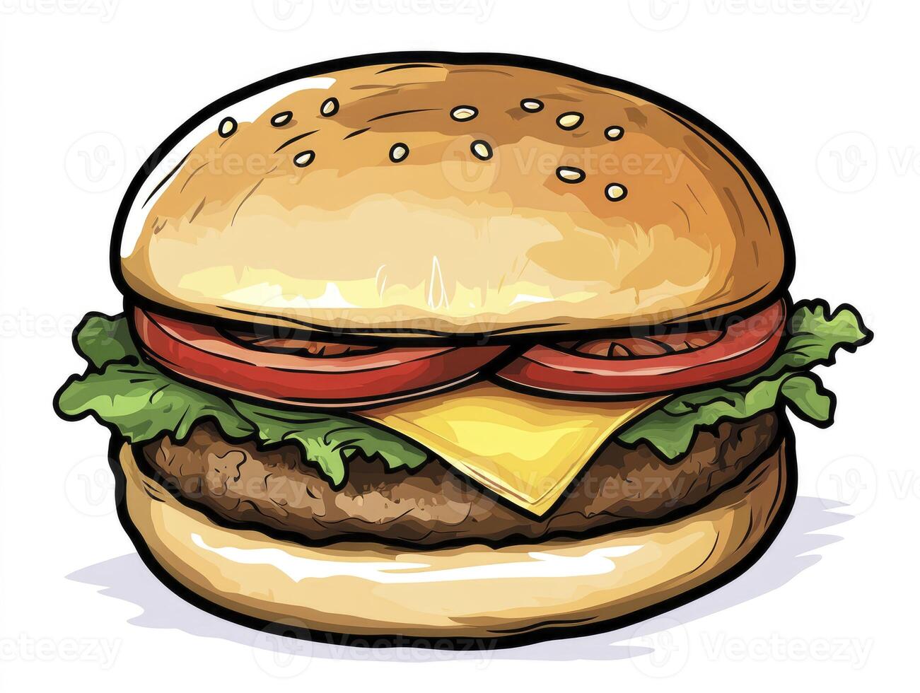 Delicious Burger Illustration with Lettuce, Tomato, and Cheese on White photo