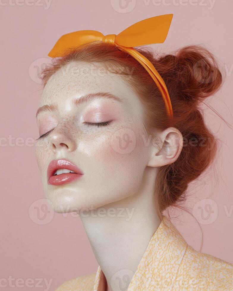 Redhead Woman with Freckles Wearing Orange Bow and Pastel Makeup photo
