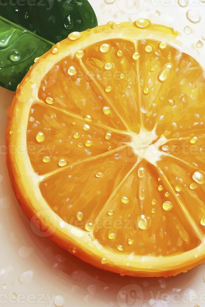 Fresh Orange Slice with Water Droplets and Leaf Close Up Painting photo