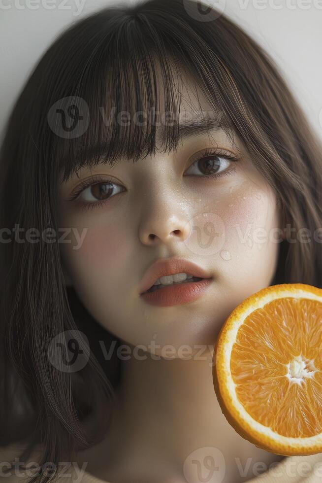 Young Woman with Orange Fruit Slice for Healthy Beauty and Wellness photo