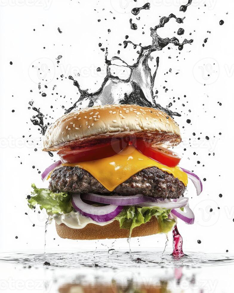Delicious Burger with Fresh Toppings and Splashing Water on White Background photo