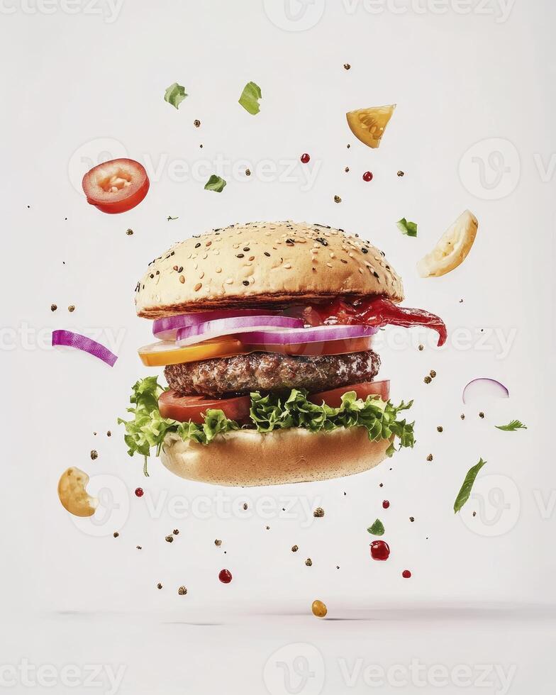Delicious Hamburger with Flying Ingredients Appetizing Food Still Life Concept photo