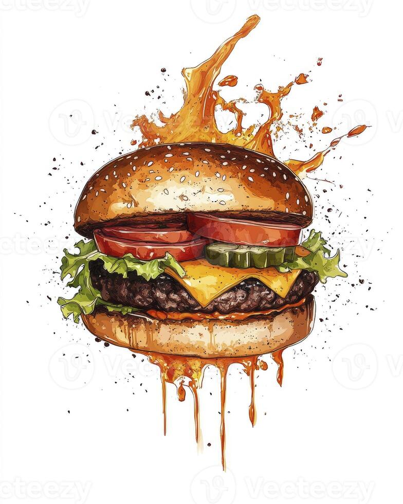 Delicious Burger Illustration with Splash Effects on White Background photo