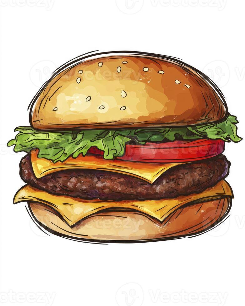 Drawing of Hamburger with Cheese Tomato and Lettuce on White Background photo