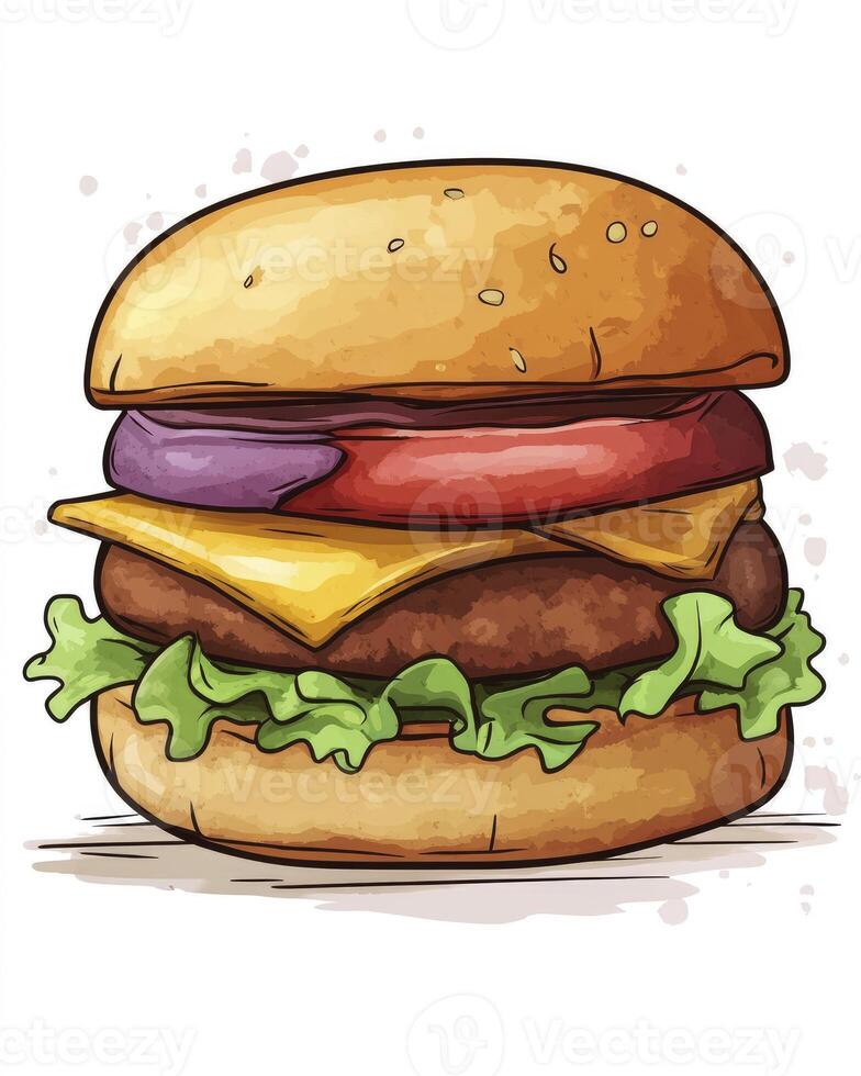 Drawing of Delicious Burger with Lettuce Cheese and Fresh Vegetables photo